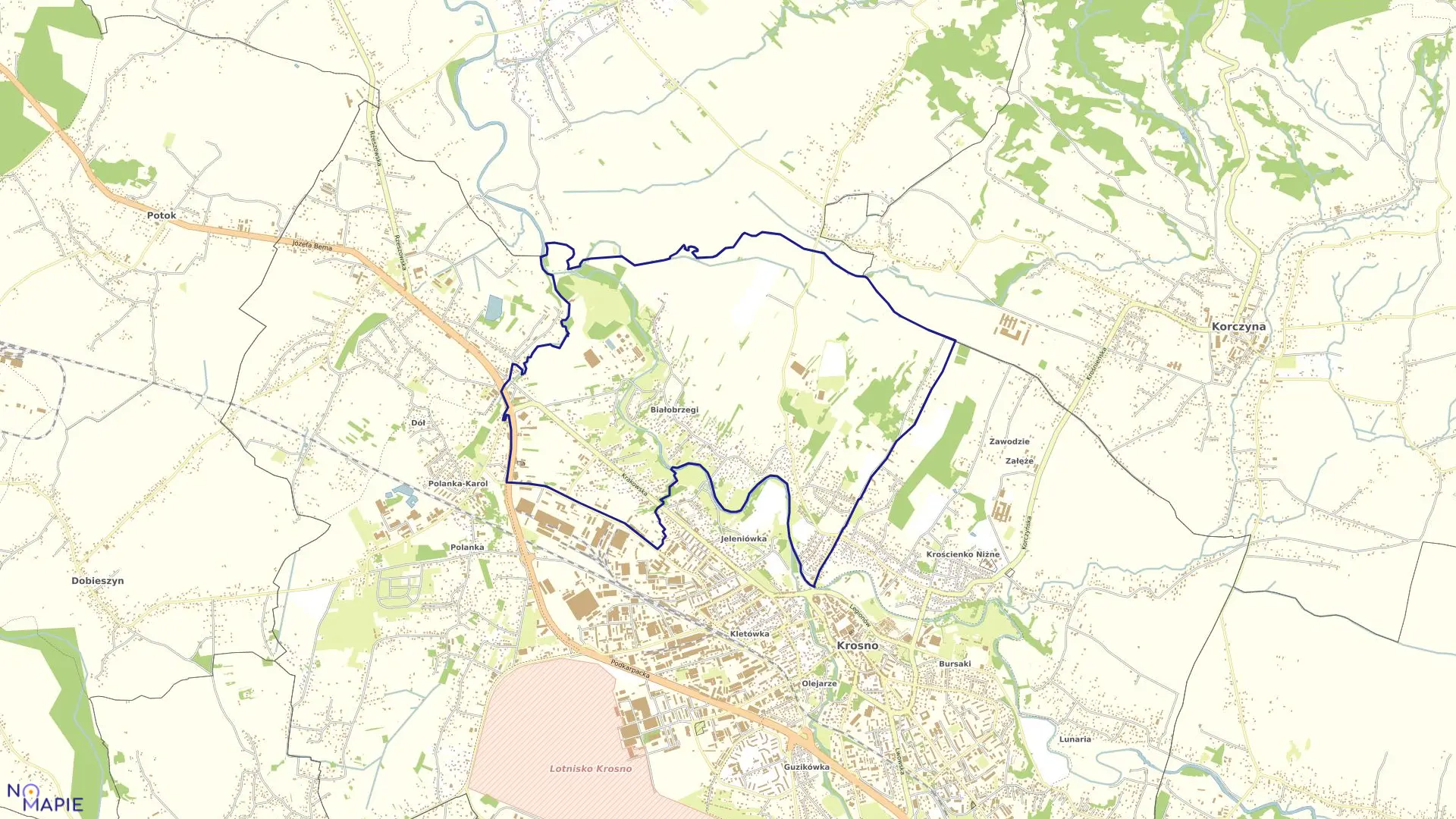 Mapa obrębu Białobrzegi w mieście Krosno